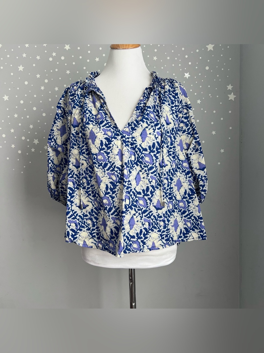 Free People Willow Printed Blouse Blue Puff Sleeve Boho Top M